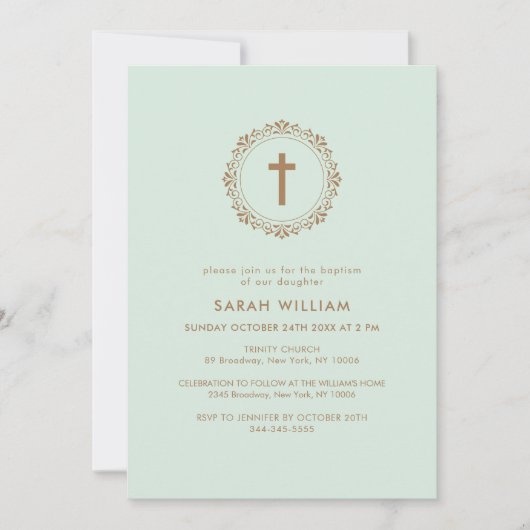 Groen Elegant Klassiek Kruiskrans Doop Kaart (Voorkant)