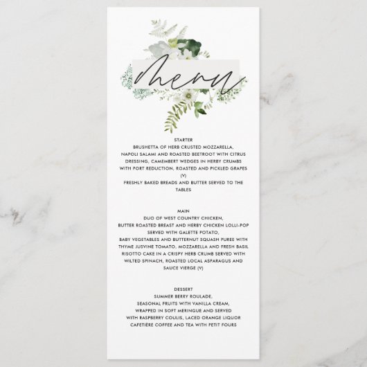 Groen elegant modern botanisch script bruiloft men menu (Voorkant)