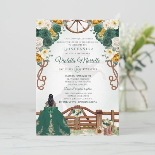 Groen Elegant Rustiek Western Charro Quinceanera Kaart (Staand voorkant)