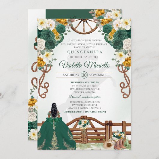 Groen Elegant Rustiek Western Charro Quinceanera Kaart (Voorkant / Achterkant)