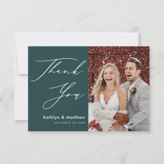 Groen elegant script Moderne foto Simple Wedding Bedankkaart (Voorkant)