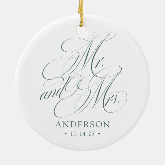 Groen Elegant Script Pas getrouwd Kerst Keramisch Ornament (Achterkant)