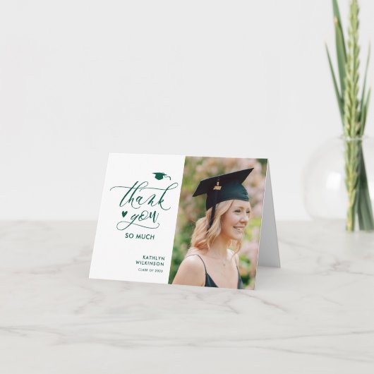 Groen Elegant Script Photo Minimalist Afstuderen Bedankkaart (Voorkant)