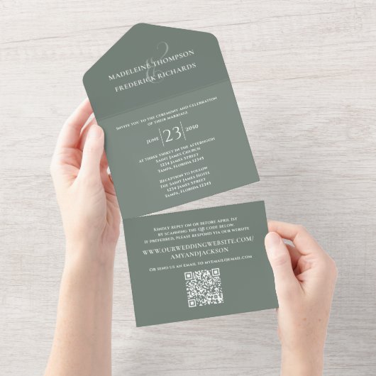 Groen Elegant Trouwen QR Code RSVP All In One Uitnodiging (Afscheurbaar)