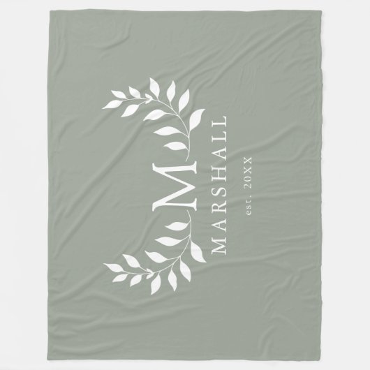 Groen Elegante Moderne Bloemen Monogram Familienaa Fleece Deken (Voorkant)
