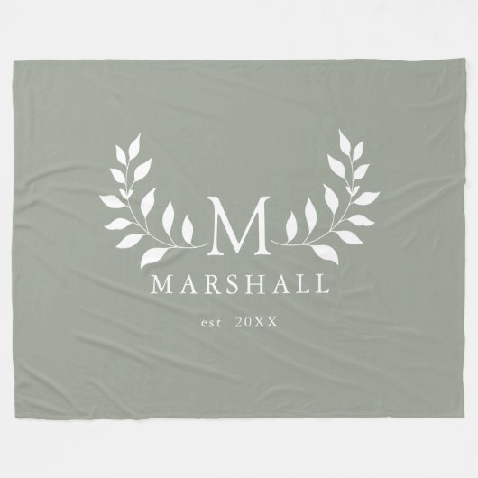 Groen Elegante Moderne Bloemen Monogram Familienaa Fleece Deken (Voorkant (Horizontaal))