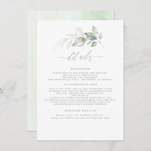 Groen Elegante Romantische Bruiloft Details Informatiekaartje (Voorkant / Achterkant)