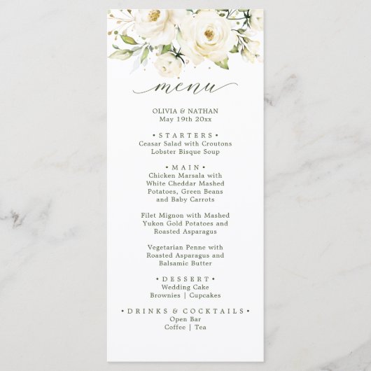 Groen elegante witte roos bruiloft Diner Menu (Voorkant)