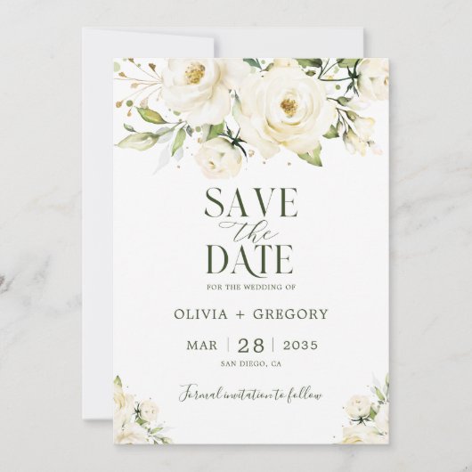 Groen Elegante Witte roos bruiloft Save The Date (Voorkant)