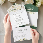 Groen Elegante Witte Rozek Bloemenbruiloft All In One Uitnodiging