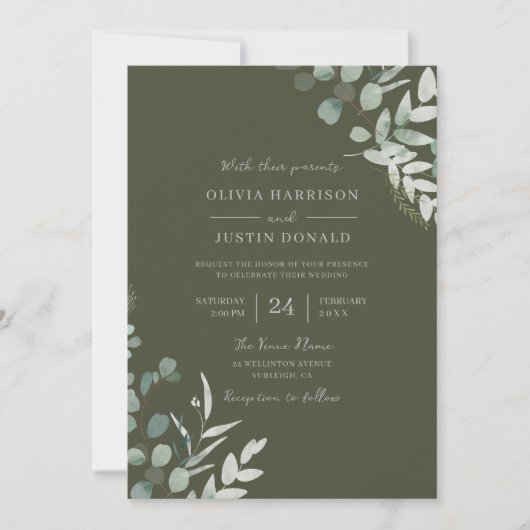 Groen Elegantie: Groen Blad Olijf Bruiloft Kaart (Voorkant)