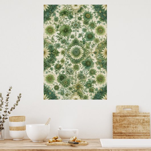  groen en beige bloemenpatroon poster (Keuken)