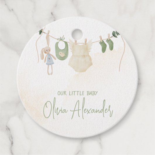 Groen en beige Delicate Waterverf Floral Baby Sh Bedankjes Labels (Voorkant)
