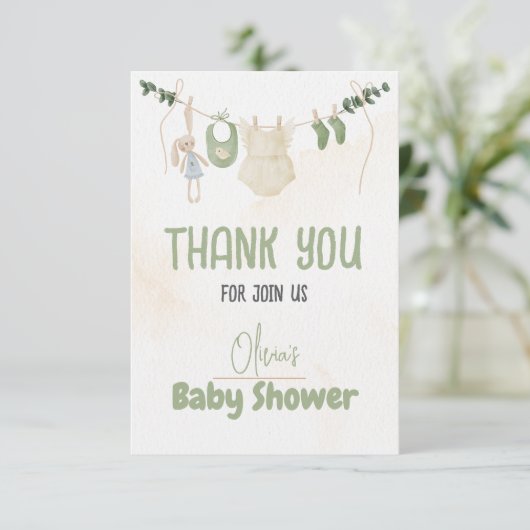 Groen en beige Delicate Waterverf Floral Baby Sh Bedankkaart (Staand voorkant)