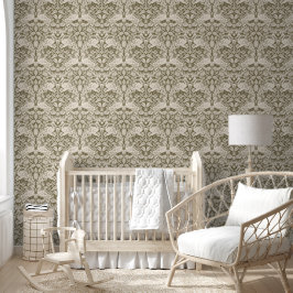 Groen en Beige Flamingo Bloemen Damast Wallpaper Behang