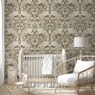 Groen en Beige Flamingo Bloemen Damast Wallpaper Behang