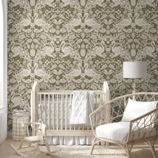 Groen en Beige Flamingo Bloemen Damast Wallpaper Behang