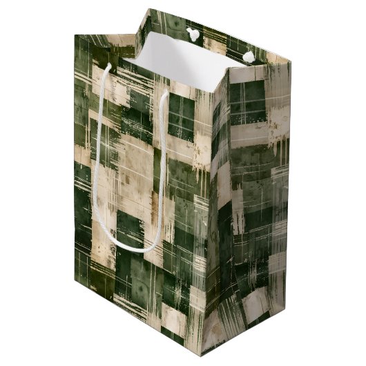 Groen en Beige Grunge Plaid Medium Cadeauzakje (Voorkant Gekanteld)