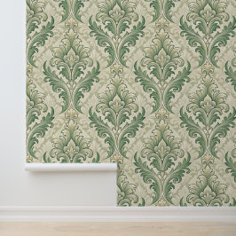 Groen en beige vintage botanische bloemenpatroon behang