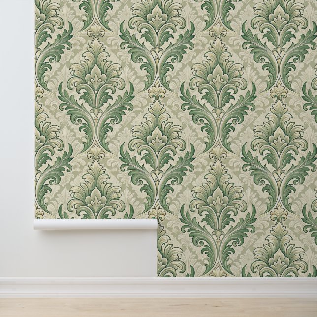 Groen en beige vintage botanische bloemenpatroon behang (Applicatie)