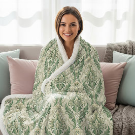 Groen en beige vintage botanische bloemenpatroon sherpa deken