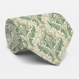 Groen en beige vintage botanische bloemenpatroon stropdas