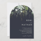 Groen en bladgoud | Dark Navy Wedding Arch Kaart (Voorkant)