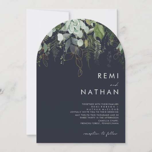 Groen en bladgoud | Dark Navy Wedding Arch Kaart (Voorkant)