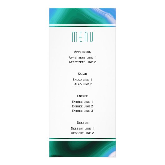 Groen en blauw agaat slice geode bruiloft menukaar reclamekaart (Achterkant)