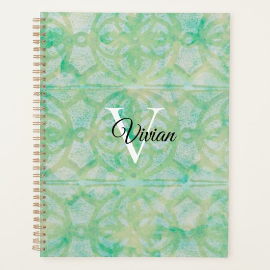 Groen en Blauw Batik Elegante Monogramnaam Planner (Voorkant)