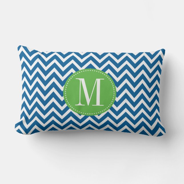 Groen en blauw Chevron Aangepast monogram Kussen (Voorkant)