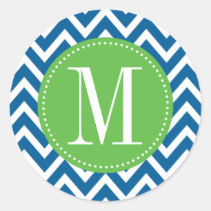 Groen en blauw Chevron Aangepast monogram Ronde Sticker