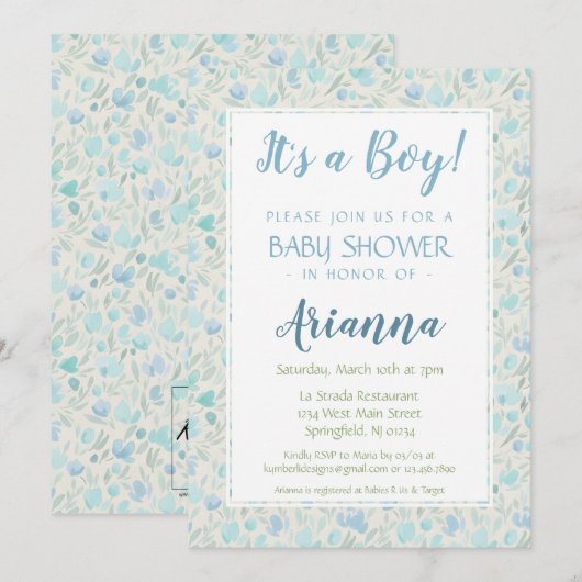 Groen en blauw Floral Baby Boy Shower Kaart (Voorkant / Achterkant)
