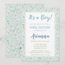 Groen en blauw Floral Baby Boy Shower Kaart