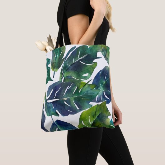 Groen en Blauw Foliage Philodendron Botanical Tote Bag (Dichtbij)