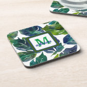 Groen en Blauw Foliage Philodendron Monogrammed Bier Onderzetter (Linkerzijde)