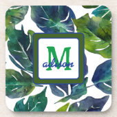 Groen en Blauw Foliage Philodendron Monogrammed Bier Onderzetter (Voorkant)