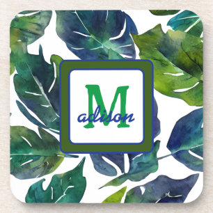 Groen en Blauw Foliage Philodendron Monogrammed Bier Onderzetter