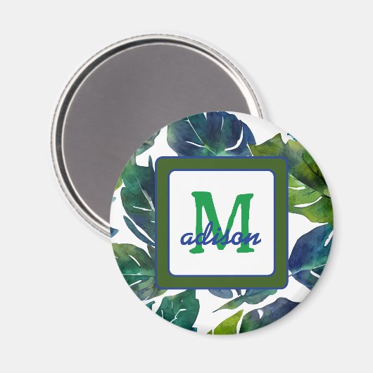 Groen en Blauw Foliage Philodendron Monogrammed Magneet (Voorkant / Achterkant)