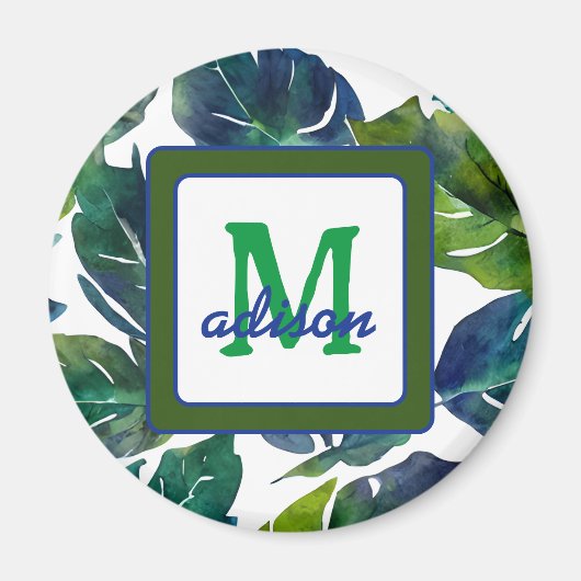Groen en Blauw Foliage Philodendron Monogrammed Magneet (Voorkant)