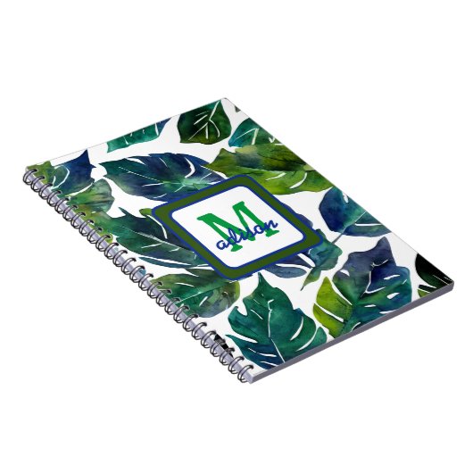 Groen en Blauw Foliage Philodendron Monogrammed Notitieboek (Rechterzijde)