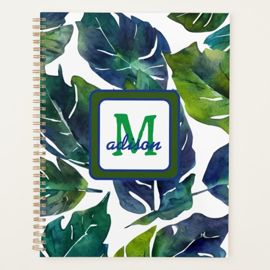Groen en Blauw Foliage Philodendron Monogrammed Planner (Voorkant)