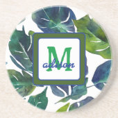 Groen en Blauw Foliage Philodendron Monogrammed Zandsteen Onderzetter (Voorkant)