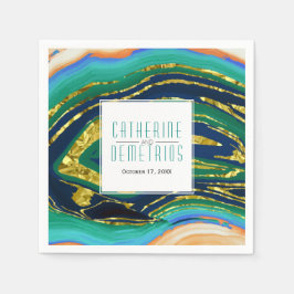 Groen en blauw goud folie agaat en lijst bruiloft servet