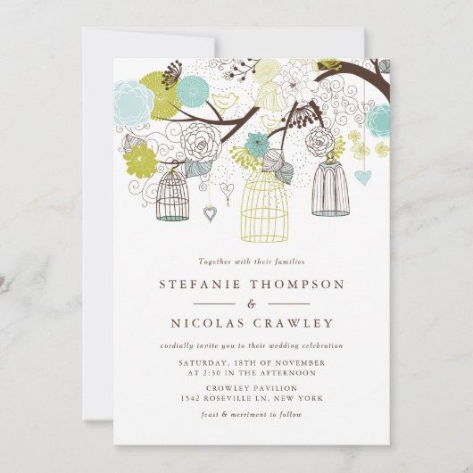 Groen en blauw hangende vogelkooien bruiloft kaart (Voorkant)