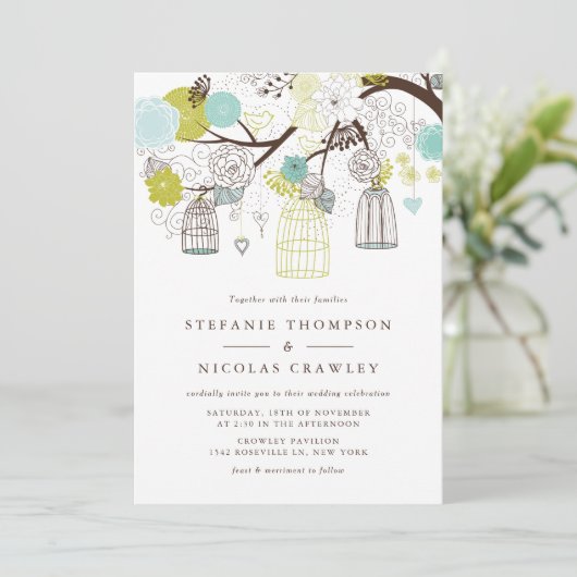 Groen en blauw hangende vogelkooien bruiloft kaart (Staand voorkant)