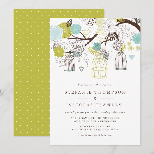 Groen en blauw hangende vogelkooien bruiloft kaart (Voorkant / Achterkant)