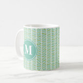 Groen en Blauw Herringbone Patroon met Monogram Koffiemok (Voorkant links)