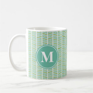 Groen en Blauw Herringbone Patroon met Monogram Koffiemok