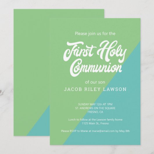 Groen en blauw kleurblok Eerste Heilige Communie Kaart (Voorkant / Achterkant)